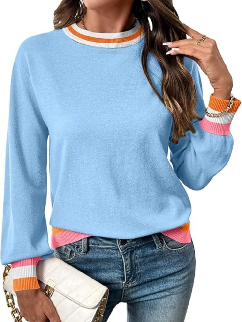 SHEWIN Blue Color Block Sweater Medium Crew Neck Long Sleeve Relaxed Fit